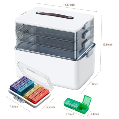 MOPUP 4-Tier Medicine Craft,Sewing,Art,Organizer Storage,Portable Latch Bin with Lid and Leather Handle,Pill Bottle, First Aid,Comes with a 7-Day Pill Organizer,A Household Essential - size: XL– 4-Tier Set