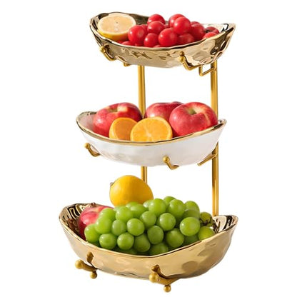 YYW 3 Tier Fruit Bowl for Kitchen Counter, White Gold Silver Ceramic Fruit Stand for Countertop, Home Fruit Rack with Metal Holder, Vegetable Snacks Nuts Bread Candy Storage (Gold (Gold Holder)) - color: Gold (Gold Holder)