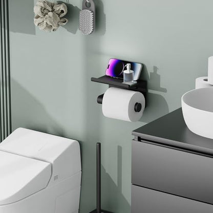 Bntuk Toilet Paper Holder with Shelf, Self-Adhesive or Screw Wall Mount Toilet Paper Holder with Wipes Storage, Rustproof Stainless Steel Tissue Roll Holder for Bathroom Washroom (Matte Black) - color: Black