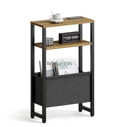 Narrow Side Table, Slim End Table with Magazine Rack, Skinny Bedside Table for Small Spaces, 3 Tier Sofa Couch Table Nightstand for Living Room, Bedroom, Walnut Brown LET503BR - color: Walnut Brown, style: No Charging Station