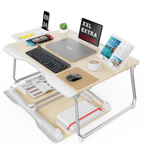 SAIJI Folding Bed Desk for Laptop, Eating Breakfast, Writing, Gaming, Extra Large 25.6" x 19.3" Portable Floor Stand Laptop Desk Table for Adult,Kids, Wood Bed Tray Table Lap Desk - color: Teak