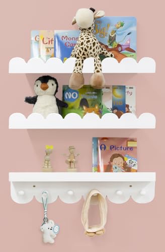 Wall Book Shelves for Bedroom Kids with Hooks - Scalloped Shelves for Nursery Set of 3, Nursery Bookshelf for Wall Room Decor, 16 Inch - color: White Wood, size: 16 Inches / Set of 3