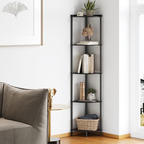 SUNMORY 5 Tier Corner Shelf Stand, Industrial 65" Corner Shelves Display Shelf for Living Room Decor, Wall Corner Bookshelf Multi Unit Organizer, Tall Shelf Plant Stand for Bedroom, Bathroom, Black - color: Black