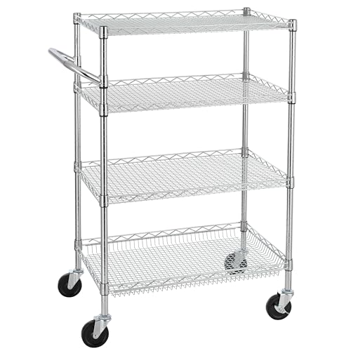 Finnhomy 4 Tier Heavy Duty Commercial Grade Rolling Cart with Handle Bar, Metal Wire Utility Cart with Wheels, Service Trolley on Wheels, Shelf Size 18" D x 30" W, NSF Listed, Chrome - size: 30"L x 18"W x 46.4"H-4 Tier, style: Chrome Cart