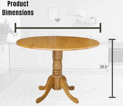 IC International Concepts, 42" Round Dual Drop Leaf Pedestal Dining Table, Solid Real Wood, Sturdy Parawood, Dimensions 42"D x 42"W x 29.5"H, 20mm thickness, 40lbs Weight Capacity, Oak - color: Oak
