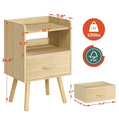 Yoobure Modern Nightstand with Fabric Drawer, Bedside Tables, Mid Century Nightstand with Open Storage Shelf, Wood Bedside Table, Small Night Stands for Bedrooms, 2-Tier Night Table - color: Natural