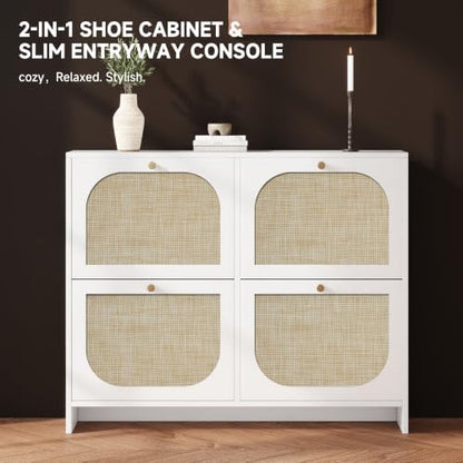 Freestanding Ultra Slim Arched Rattan Accent Shoe Storage Cabinet for Entryway - 4 Flip Drawers & 3-Tier Adjustable Shelves, Farmhouse Modern Rustic Shoe Rack for Hallway Foyer,Cloud White - color: Cloud White