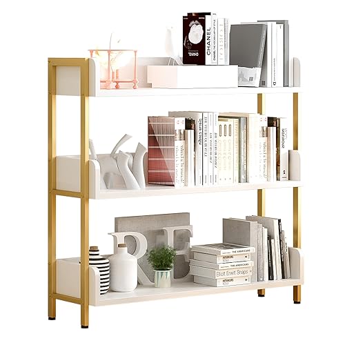 Wide Open Shelf Bookcase, 3-Tier, White with Gold Frame | Modern Design, Free Standing Display, Three-Side Panels, Storage Shelving for Home and Office - color: Gold + White, size: 3-Tier
