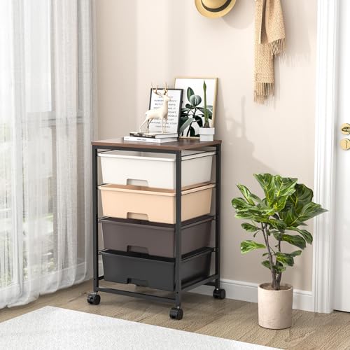 SYKIARIOL Utility Cart with 4 Drawers, Brown | Rolling Storage Cart with Drawers, Storage Rolling Drawer Cart - color: Dark Brown