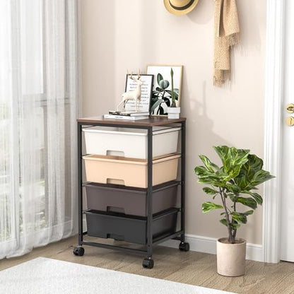 SYKIARIOL Utility Cart with 4 Drawers, Brown | Rolling Storage Cart with Drawers, Storage Rolling Drawer Cart - color: Dark Brown