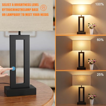 Seealle Bedroom Lamps for Night Stands - Touch Control, 3 Way Dimmable, USB C+A Charging, LED Bulbs, Easy Assembly - color: A. Beige&Black, size: Medium(19.6in)