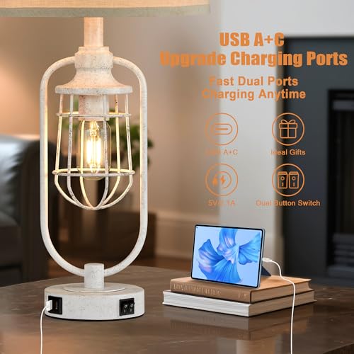 Farmhouse Table Lamps for Living Room Set of 2, Lamps for Night Stands Set of 2, Industrial Bedside Lamps for Bedroom Nightstand with USB A+C, Bulbs Included - color: White