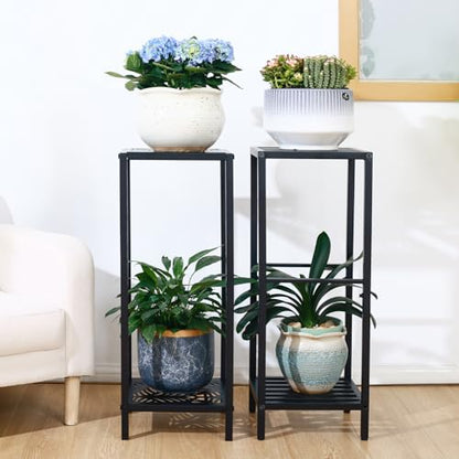 Party Zealot 2-Tier Tall Metal Square Plant Stand 31" Heavy-Duty Modern Flower Pot Rack for Indoor Living Room, Corner Side Table for Outdoor Patio, Garden, and Balcony Black, Leaf - style: Leaf - 1 pack