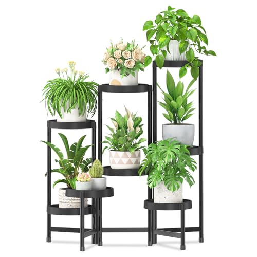 iDavosic.ly 8 Tier Folding Plant Stand Indoor Outdoor with Plastic Tray, Tiered Corner Flower Holder Shelf, Metal Orchid Display Rack for Patio Porch Living Room Garden Balcony, Modern Black - color: Black, size: 8 Tiers
