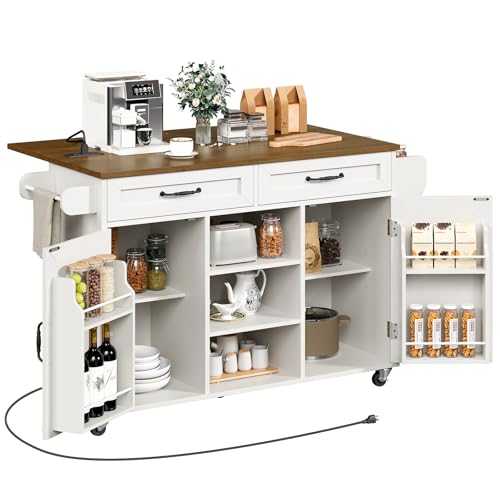 RALGEND Kitchen Island with Storage, Kitchen Rolling Island on Wheels with Power Outlet & Drop Leaf, Kitchen Island Cart with Drawer and Spice Rack, Mobile Island Table for Kitchen,White and Walnut