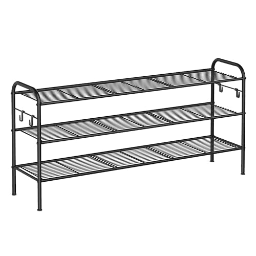 SONGMICS Shoe Rack, 3-Tier Shoe Organizer, Metal Shoe Shelf Storage with 4 Side Hooks, Holds 24 Pairs of Shoes, Height-Adjustable Shoe Rack for Entryway, Hallway, Closet, Ink Black ULMR131B01 - size: 3 Tiers (44.9"W)