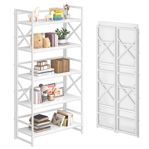 4NM 5 Tiers No Assembly Book Shelves, 51.2" H Folding Bookshelf Bookcase Open Industrial Foldable Shelves for Bedroom, Living Room, Home Office - All White - color: All White, size: XX 5-Tier