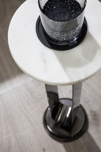Kate and Laurel Helio Modern Round Drink Table; 8 x 8 x 24; White and Gray Gunmetal; Natural Marble Cocktail Table for Small Spaces and Use as Small Plant Stand or Nightstand