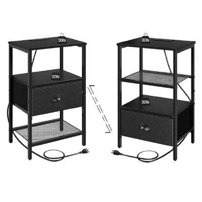 sthmec Nightstands Set of 2, Black Night Stands with Charging Station, Bedside Tables with Drawers PU Finish, 2-Tier Side Table with Open Shelf, Nightstands with Drawer,Black - color: Black, style: Power