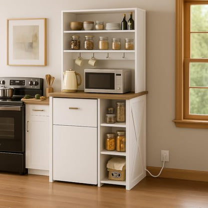 DWVO White Mini Fridge Cabinet Stand with Storage, 6-Tier Bakers Rack with Power Outlet, Kitchen Microwave Stand Farmhouse Tall Coffee Bar Station for Dining Room Living Room Dorm Office | Fits mini fridge, 6-tier storage, built-in power outlet, farmhouse