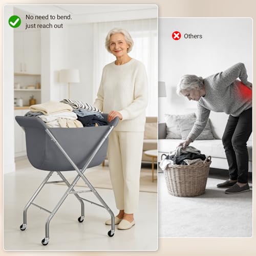 ELYKEN Laundry Cart with Wheels, 33”H Easy Rolling Laundry Hamper with Removable Liner Bag, Sturdy Metal Frame Clothes Basket with 4 Casters and 2 Brakes - color: Gray, size: 25.6"L x 22"W x 33"H