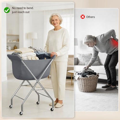 ELYKEN Laundry Cart with Wheels, 33”H Easy Rolling Laundry Hamper with Removable Liner Bag, Sturdy Metal Frame Clothes Basket with 4 Casters and 2 Brakes - color: Gray, size: 25.6"L x 22"W x 33"H