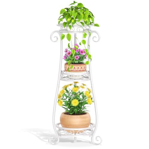LASZOLA 3 Tier White Metal Plant Stand for Multiple Large Planters Indoor Outdoor Organizer, Heavy Duty Tall Flower Stand for Corner Patio Bathroom Office, Modern Sturdy Vertical Iron Rack, Cat Proof - color: White, size: 3 Tier