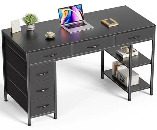 Huuger Computer Desk with 6 Drawers, Office Desk with Shelves, Reversible Gaming Desk, Corner Desk with Storage, Work for Home Office, Study, Living Room, 47inch, Black - color: Black, size: 47 inch