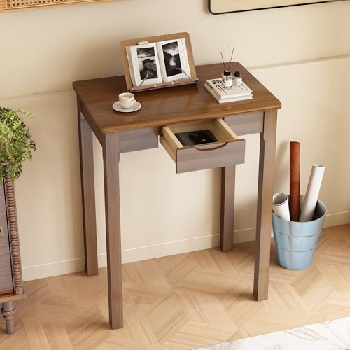 Solid Wooden Desk with Drawers - 24 x 16 Inch Narrow Desks, Rubberwood Mid Century Modern Desks, Small Writing Desk for Bedroom|Small Spaces - Walnut Color - color: Walnut, size: 23.6 in W x 15.7 in D