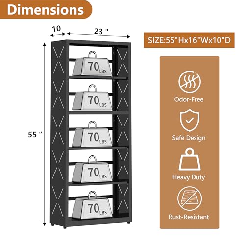 Polup Bookshelf, 5 Tier Metal Bookcase with Adjustable Shelves, Tall White Book Shelf with Bookends, Black Display Shelves for Living Room, Home Office, Library - color: Black, size: 5 Tier-23" W