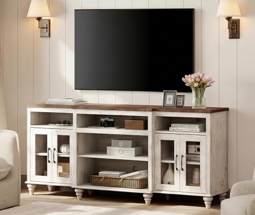 WAMAPT Buffet Cabinet with 4 Glass Doors, Large Coffee Bar Tables Wood Kitchen Storage Cabinets with 9 Storages, Modern Farmhouse Sideboard Credenza, Rustic White, 70 inch - color: Rustic White