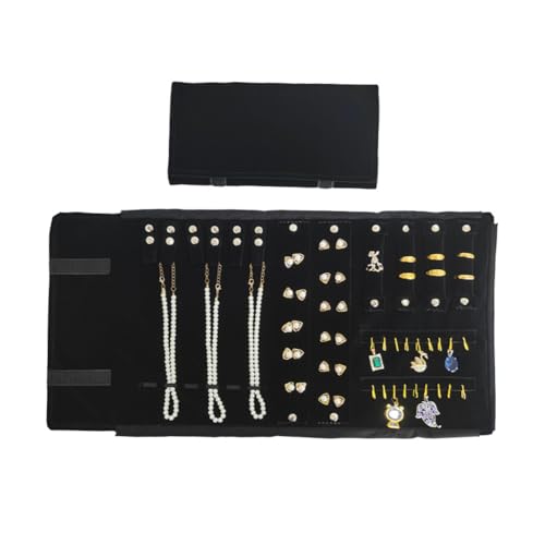 Velvet Travel Jewelry Case Roll Bag Organizer for Necklace Bracelet Earrings Ring (Black) (Black（6+2+4+2) - color: Black (6+2+4+2)
