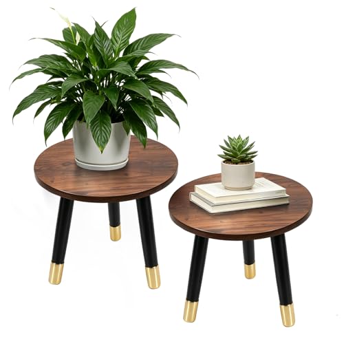2-Pack Mid Century Plant Stand for Indoor Plants, Modern Wood & Metal Flower Pot Holder Stand for Living Room, Decorative Small Round Side Table for Balcony, Patio, Office, 8.9” High, Walnut+Black - color: Walnut+Black, size: 8.9"
