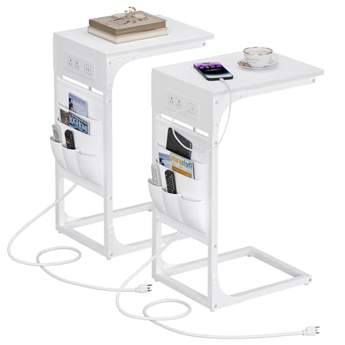 TUTOTAK C Shaped End Table with Charging Station, Side Table for Sofa, Couch Table with Storage Bag, Set of 2, TV Tray Table with 2 USB Ports and Outlets for Living Room, Bedroom, White TB01BW0242 - color: White, size: 2 Pack (11.8"W), style: With Plug