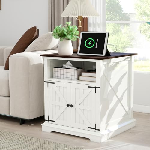 MUUEGM NightStand with Charging Station, Farmhouse Night Stands with 2 Drawers and Adjustable Storage Shelf for Living Room, Bedroom, End Table with Solid Wood Legs - color: White