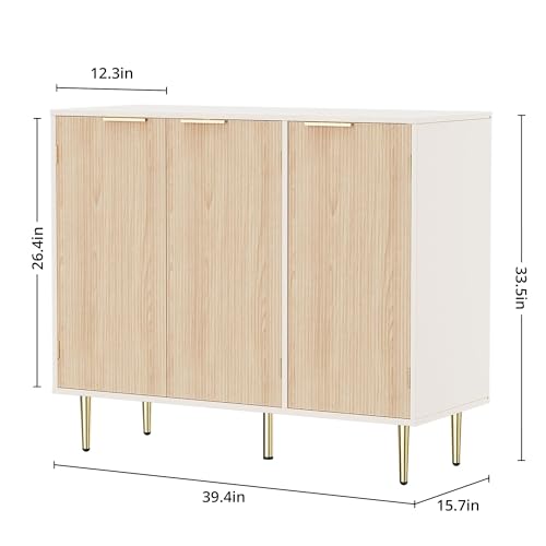Housoul Fluted Sideboard Buffet Cabinet with 3 Doors, Natural Oak | Kitchen Storage Cabinet with Adjustable Shelves & Golden Handles, Modern Accent Cabinet, Coffee Bar for Kitchen, Living Room - color: Oak
