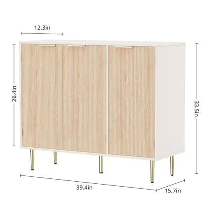 Housoul Fluted Sideboard Buffet Cabinet with 3 Doors, Natural Oak | Kitchen Storage Cabinet with Adjustable Shelves & Golden Handles, Modern Accent Cabinet, Coffee Bar for Kitchen, Living Room - color: Oak
