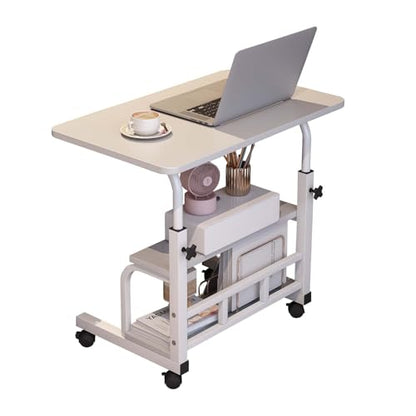 Adjustable Height Mobile Standing Desk with Wheels – Rolling Computer Desk – Storage Shelves – Compact Laptop Table – Home Office & Study - color: White 60 X 40cm