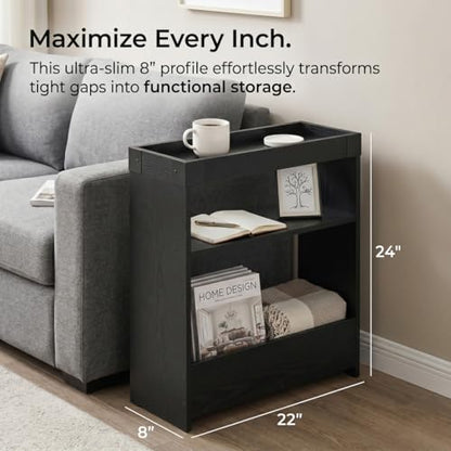 Farmhouse Narrow Side Table with Tray Top & Magazine Rack, 24" H Sofa Couch Side Table with Storage Shelf, Slim End Table for Small Spaces, Modern Nightstand for Bedroom, Living Room (Black) - color: Black