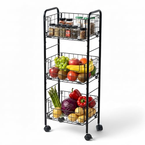 MyGift 3-Tier Rolling Metal Wire Fruit and Vegetable Basket Cart – Industrial Matte Black Kitchen Produce Storage Rack Stand with Wheels for Pantry and Countertop Organization
