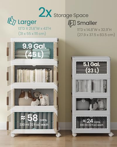 SONGMICS 48QT Plastic Storage Bins with 1 Lid, 4-Tier Stackable Bins with Doors and Wheels, Foldable Storage Boxes, for Closets, Bedroom, Living Room, Office, White URLB450WZ01 - size: 4 x 48QT