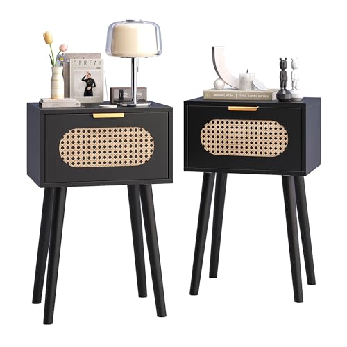 Nightstands Set of 2, Bedside Table with Rattan Door, Boho End Table with Solid Wood Legs for Bedroom, Living Room, Small Space Nightstands, Black Color, HNS001B - color: Black