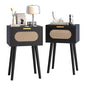 Nightstands Set of 2, Bedside Table with Rattan Door, Boho End Table with Solid Wood Legs for Bedroom, Living Room, Small Space Nightstands, Black Color, HNS001B - color: Black