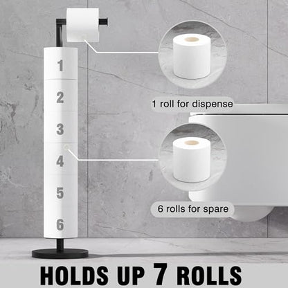 Toilet Paper Holder Stand 1 pc, Height Adjustable, Reserve Tissue for 6 Spare Rolls, Bathroom Storage, Rustproof with SUS304 Stainless Steel (Matte Black) - color: Matte Black