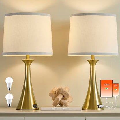 Touch Lamp for Living Room Bedroom, 21" Table Lamps Set of 2 with USB C+A Ports and White Lamp Shades, 3 Way Dimmable Gold Touch Bedside Lamps for Nightstand, 2 LED Bulbs Included - color: Gold & White Shade