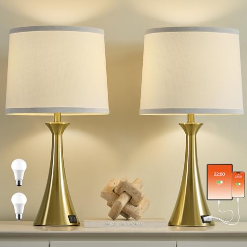 Touch Lamp for Living Room Bedroom, 21" Table Lamps Set of 2 with USB C+A Ports and White Lamp Shades, 3 Way Dimmable Gold Touch Bedside Lamps for Nightstand, 2 LED Bulbs Included - color: Gold & White Shade