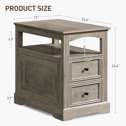 Farmhouse End Table with 2 Drawers, Narrow Sofa Side Table with Storage and Open Shelf, Wooden Nightstand for Small Spaces, Bedroom, Living Room, Greige - color: Greige