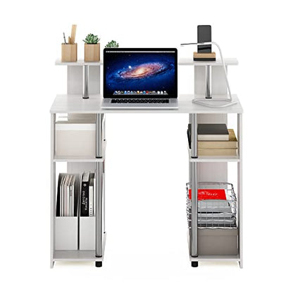 Furinno Jaya Simple Design Computer Writing Desk, White Oak/Stainless Steel | Raised Hutch and Open Shelf, Simple Design Computer Writing Desk, Office Desk for Home Office, Bedroom - color: White Oak/Stainless Steel