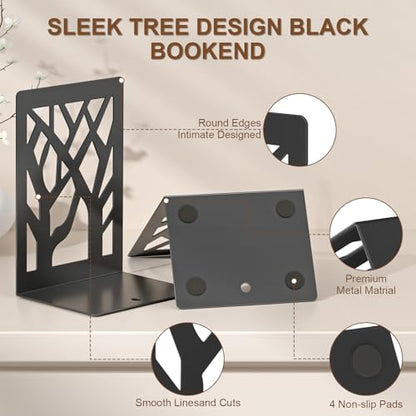 VFINE 6-Piece Modern Metal Bookends for Shelves, Black Tree Book Ends for Books, Decorative Book Organizer for Desk, Non-Skid Shelve Bookends for Home Office - style: Black bookend 3 pairs