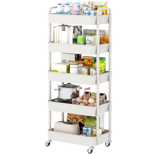 Sywhitta 5-Tier Plastic Rolling Utility Cart with Wheels for Storage,White | Multi-Functional Storage Trolley, for Office, Living Room, Kitchen, Bathroom,Movable Organizer,Space-Saving,Easy to assemble - color: White, size: 5-tier